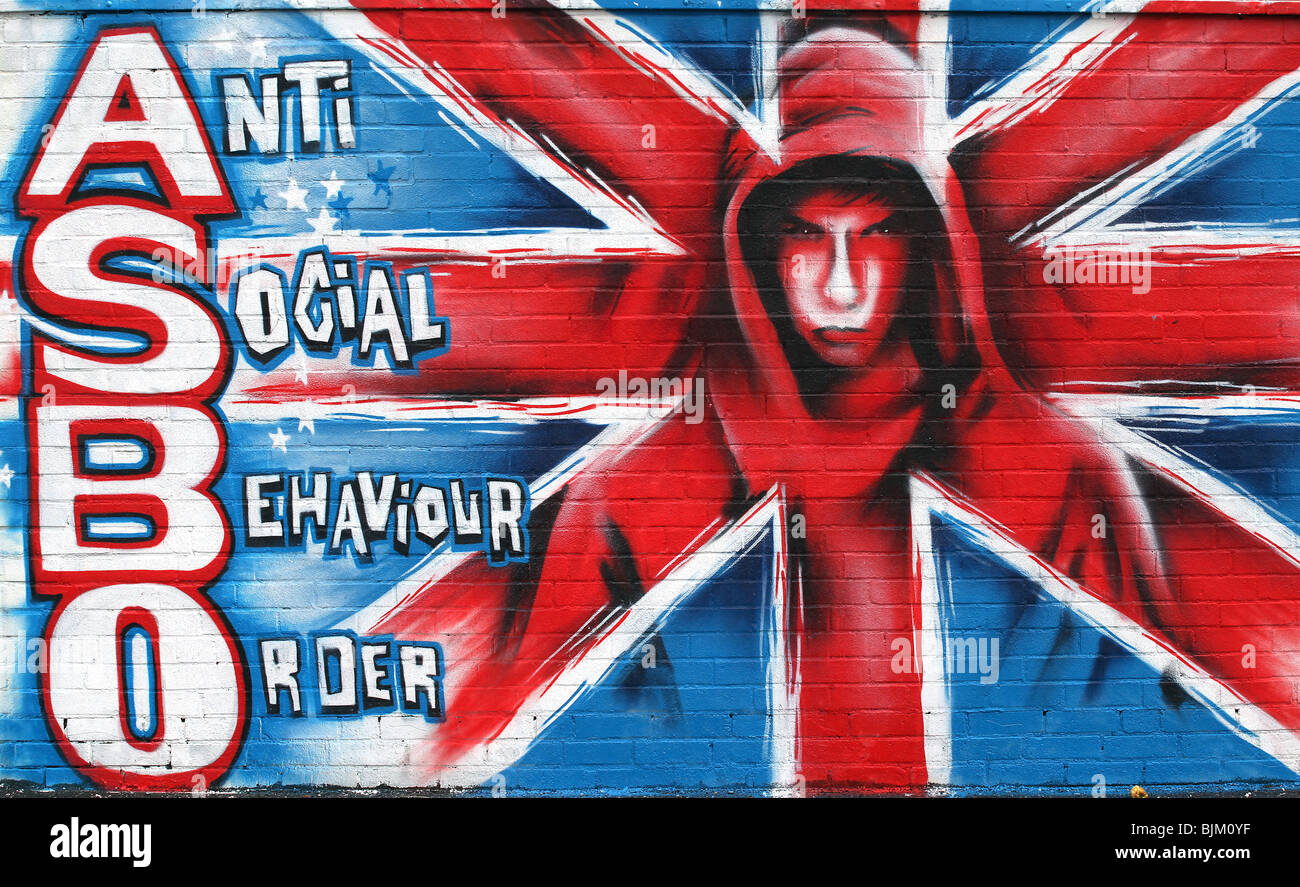 Pic by Mark Passmore/ www.markpassmore.com. Grafitti of a 'Hoodie' with the words ASBO spotted on a wall. Stock Photo