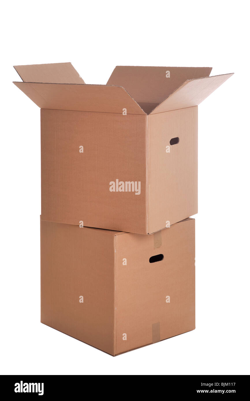 Two cardboard boxes stacked ,isolated on a white background. Stock Photo