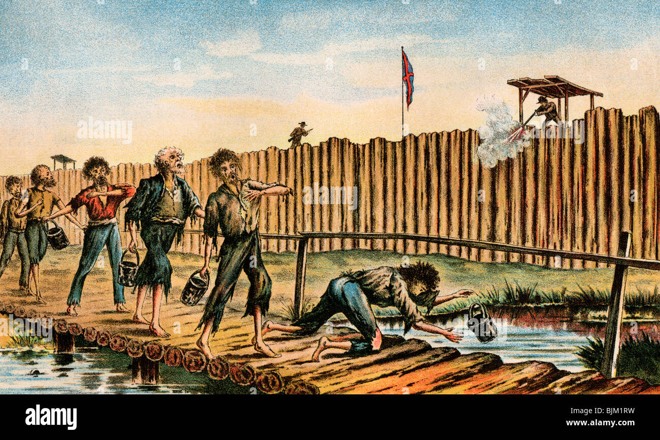 Union prisoner shot by a guard at Andersonville, Confederate prison camp in Georgia. Color lithograph Stock Photo