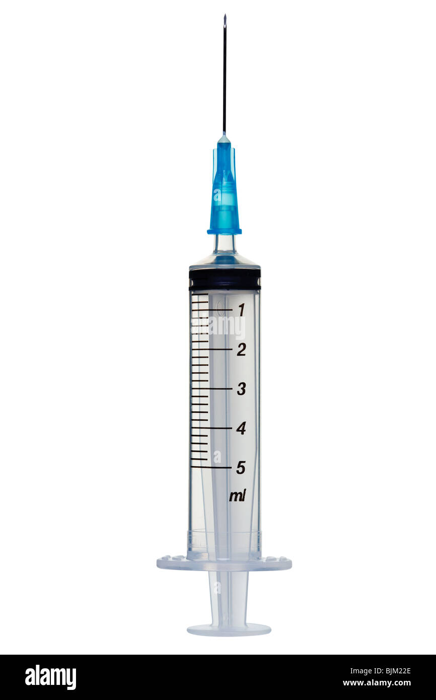 A 5ml syringe and needle isolated on a white background with detailed clipping path. Stock Photo