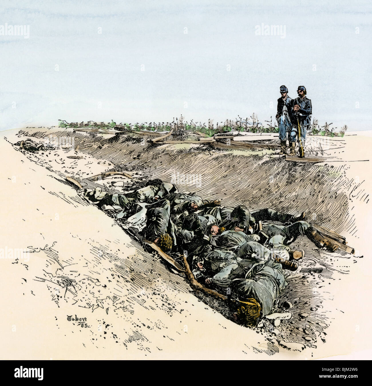 Confederate soldiers from Hill's division dead in the Sunken Road at Antietam. Hand-colored woodcut Stock Photo