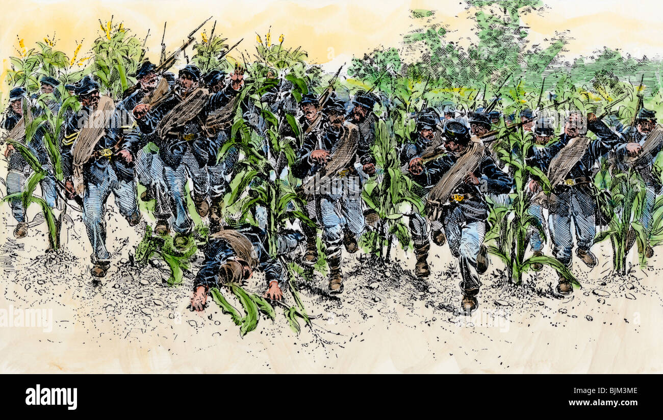 Union troops charging through the cornfield at Antietam, 1862. Hand-colored woodcut Stock Photo