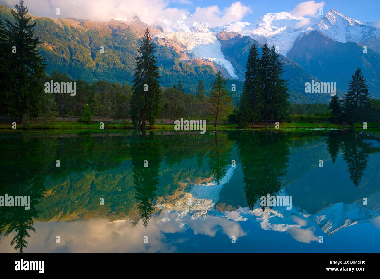 Mt. Blanc reflected in lake, French Alps, France, Highest peak in Western Europe, Seen from Chamonix Valley Stock Photo