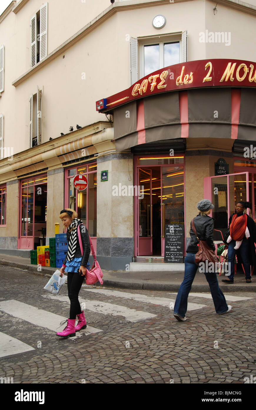 Front of Cafe des 2 Moulins famous for Amelie film Paris France Stock Photo