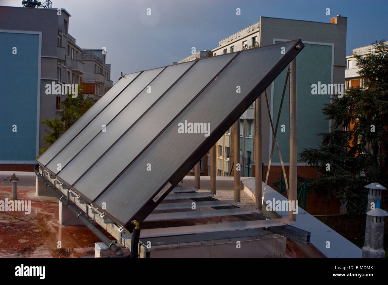 Paris, France, Energy Efficient Homes with Solar Panels on Private Apartments Building Project, retrofit housing, suburbs Stock Photo