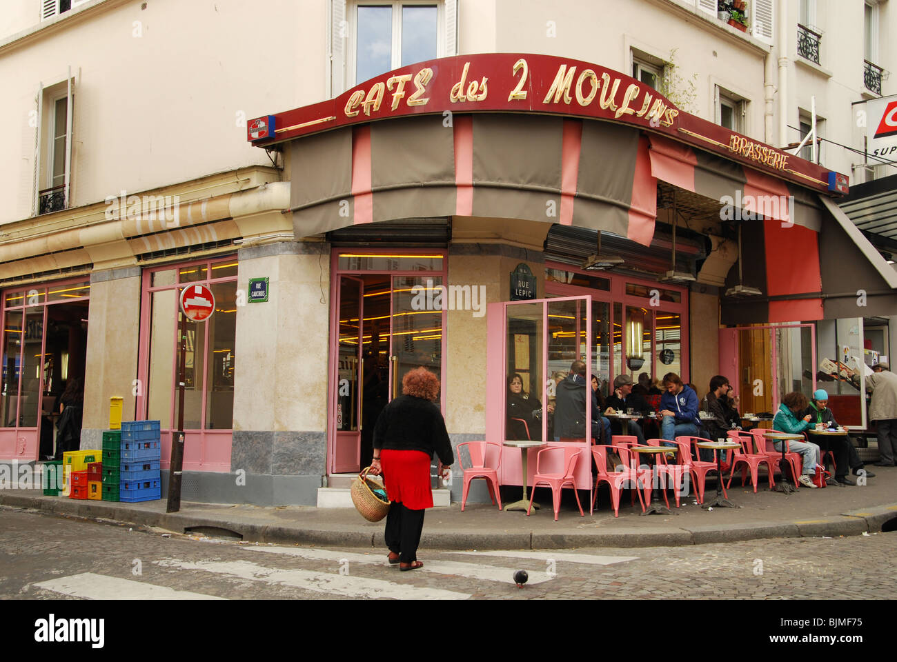 entrance of Cafe des 2 Moulins famous for Amelie film Paris France Stock Photo