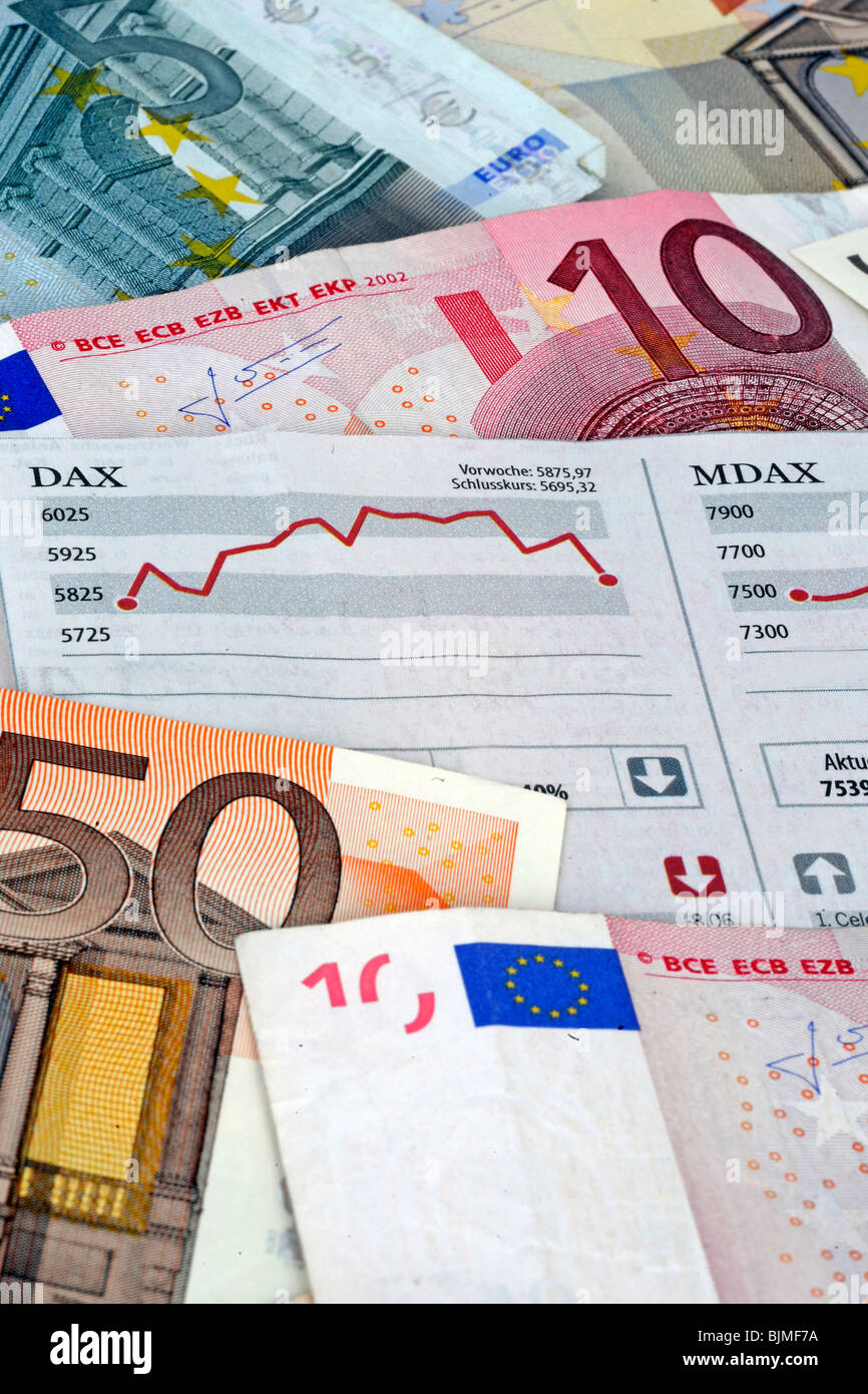 DAX, MDAX stock chart, euro banknotes, paper money, symbol image for stock market gains, stock market losses Stock Photo