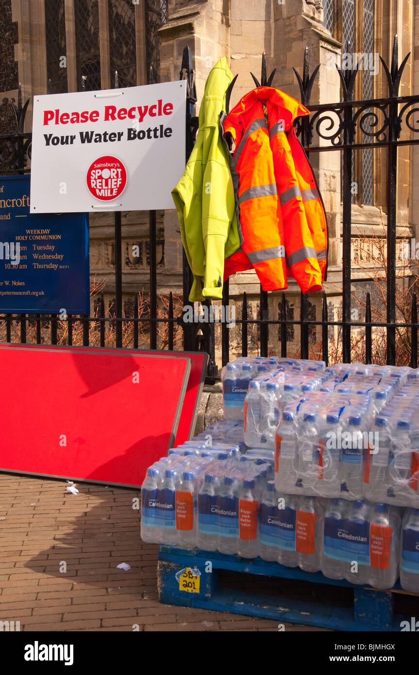 A sign asking to recycle water bottles at sport relief day in Norwich
