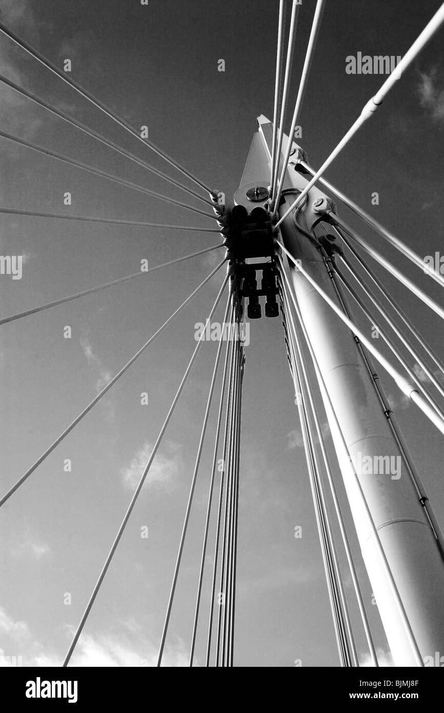 Cables of a bridge in London. Black and white. Stock Photo