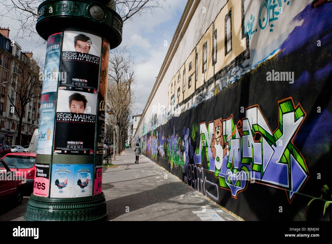 Paris, France, Graffiti Mural Paintings on Wall, Outside Street, Abstract Design, Sidewalk, Morris Column Outdoor Advertising, art outdoor Stock Photo