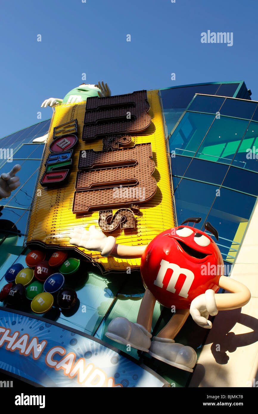 Mugs in different colors in the M & M store on Las Vegas Boulevard in