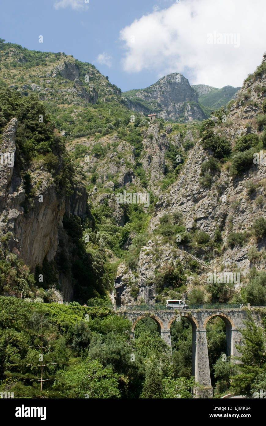 Italy, Campania, Amalfi Coast, Furore, mountains and bridge over gorge Stock Photo