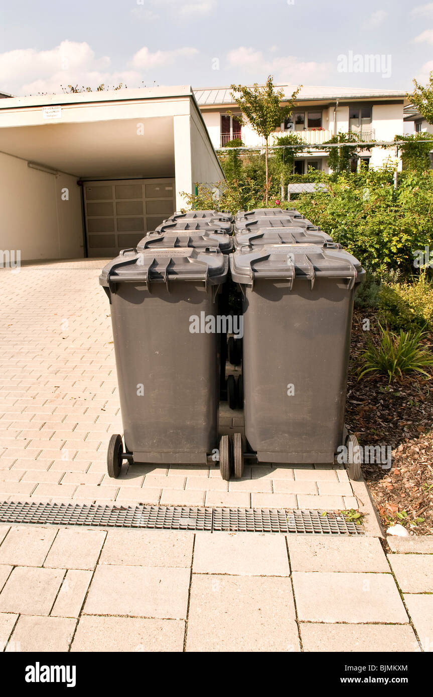 New garbage cans in front of a modern house, Munich, Bavaria, Germany