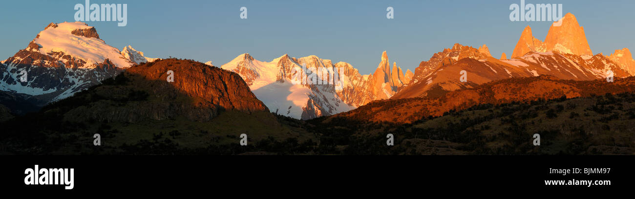 Mt. Cerro Torre and Mt. Fitz Roy in the morning light, El Chalten, Andes, Patagonia, Argentina, South America Stock Photo