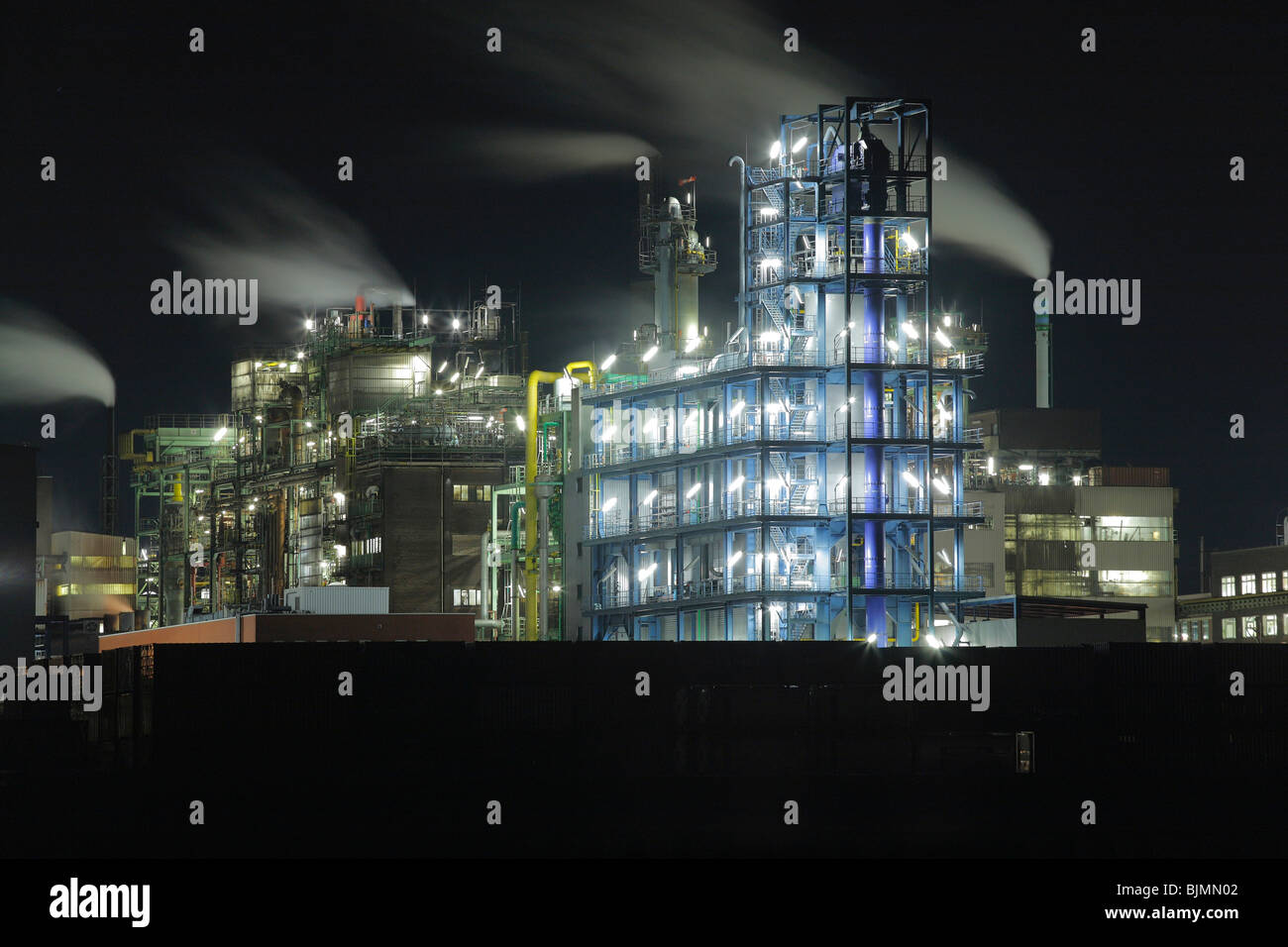 Bayer factory buildings and premises, night shot, Leverkusen, North Rhine-Westphalia, Germany, Europe Stock Photo