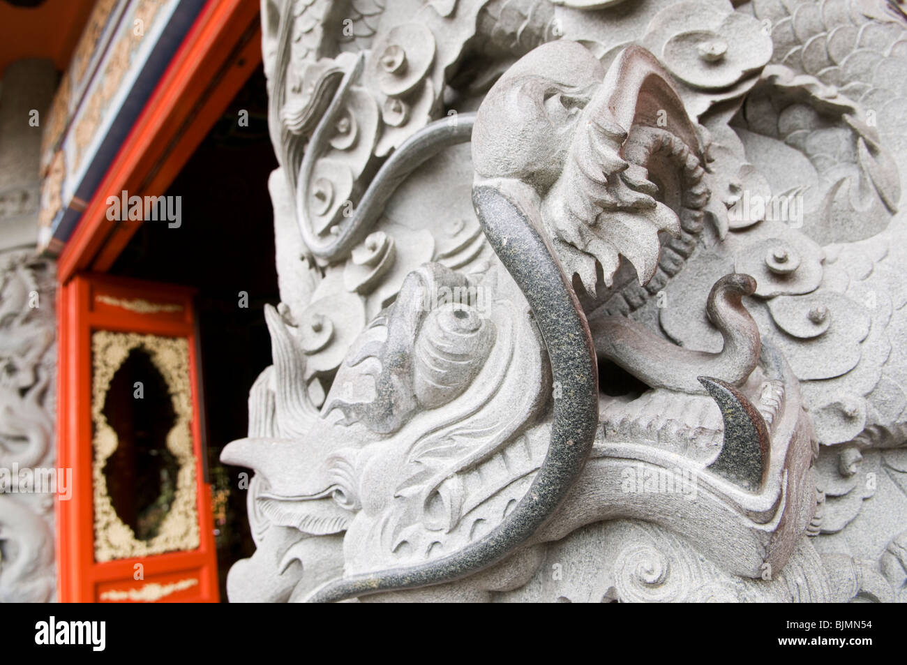 Carved dragon at Po Lin Monastery in Hong Kong Stock Photo