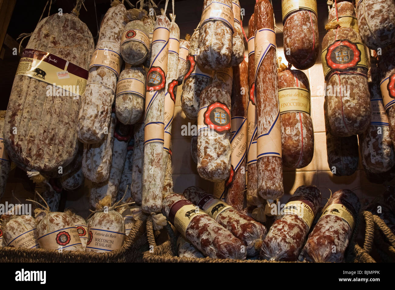 Wild boar salami in a delicatessen shop, Pienza, Tuscany, Italy, Europe Stock Photo