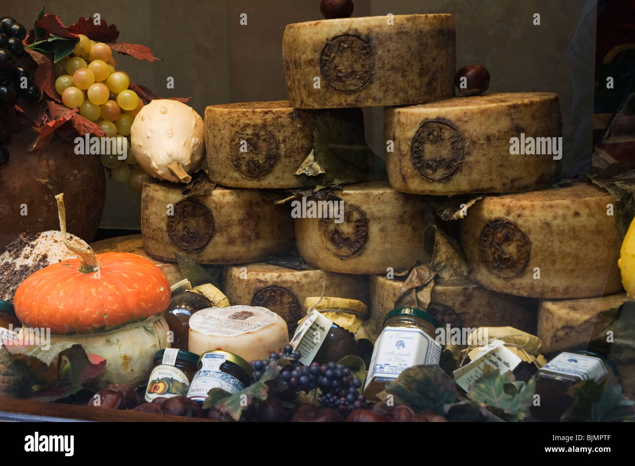 Pecorino cheese in a delicatessen shop, Pienza, Tuscany, Italy, Europe Stock Photo