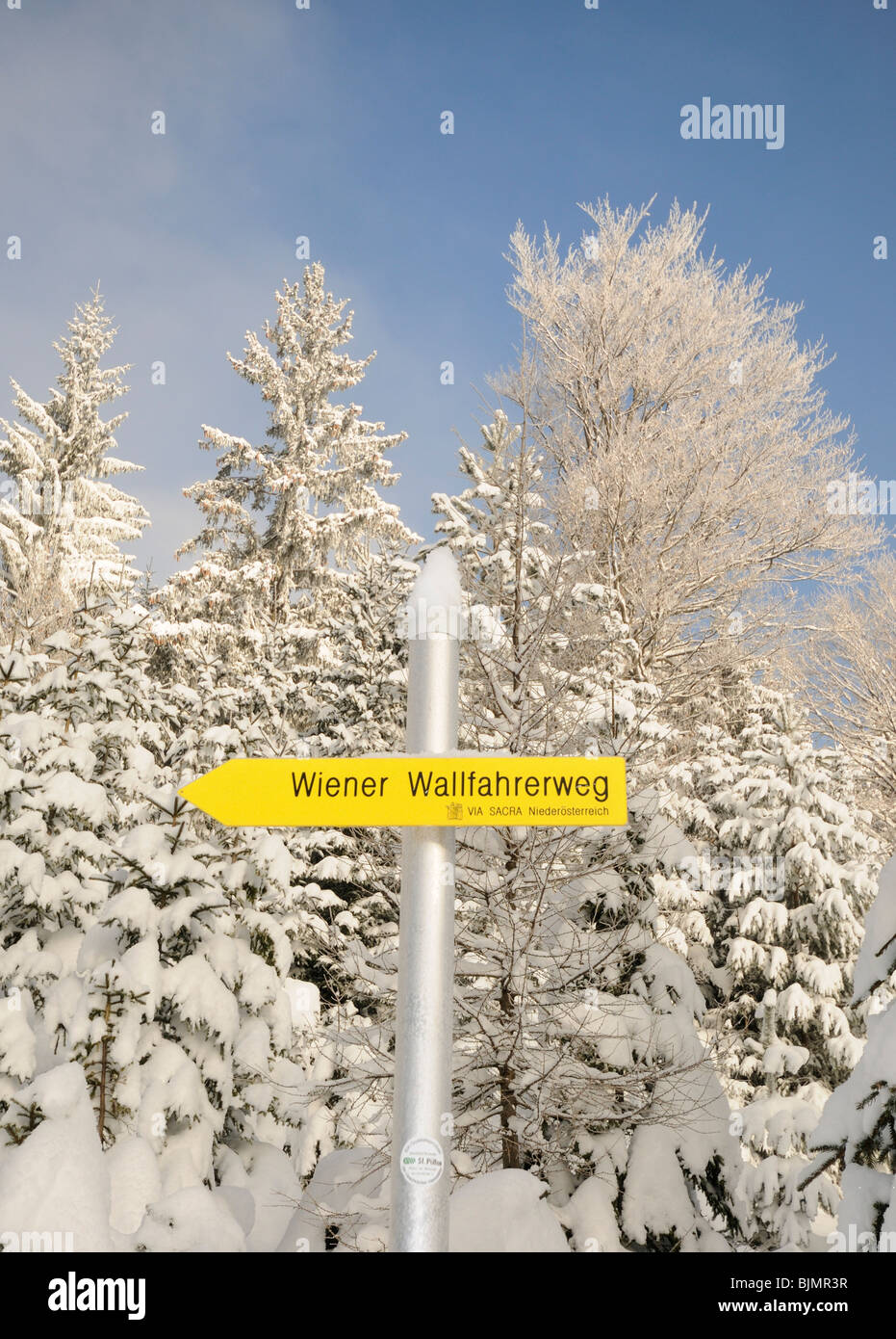 Sign post for the Mariazeller or Wiender Wallfahrerweg pilgrimage road or via sacra, Mt. Unterberg, Lower Austria, Austria, Eur Stock Photo