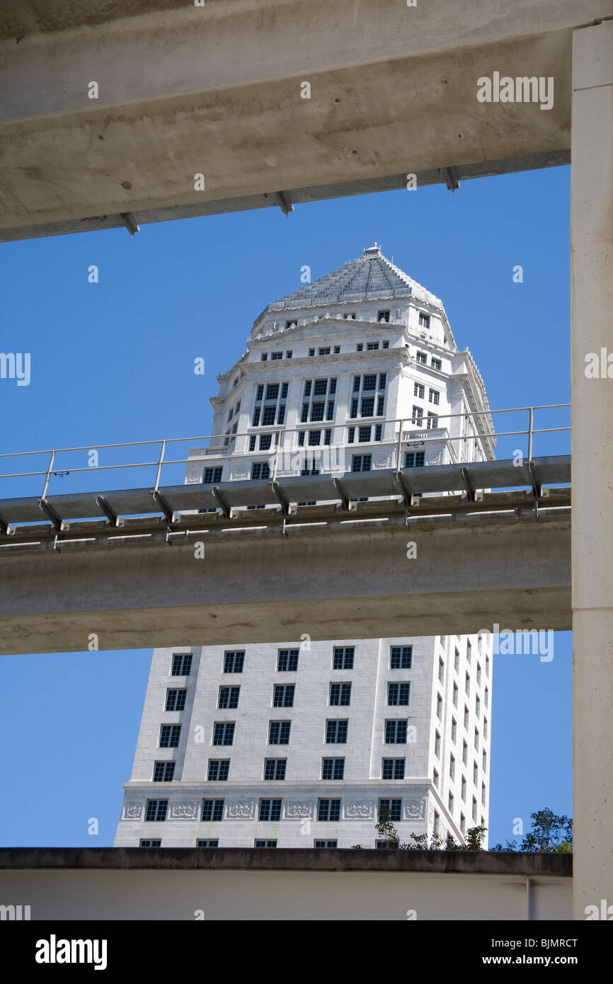 The bridge carrying the Miami Metrorail past the Dade County Courthouse Downtown District Miami Florida Stock Photo