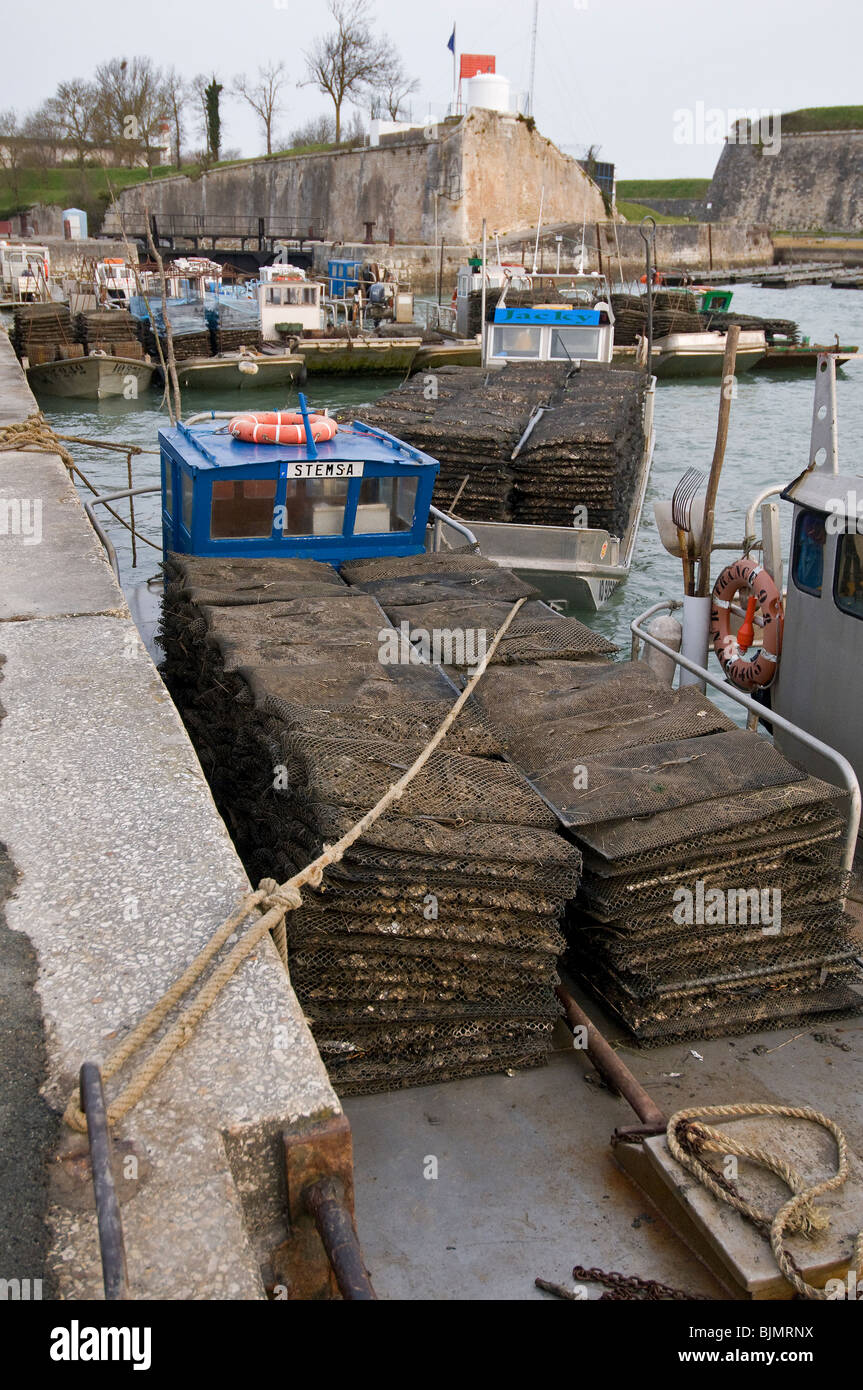 Boats ( for Oyster-farming) moored in  Le Chateau d'Oléron haven,  waiting  ebb tide, France Stock Photo