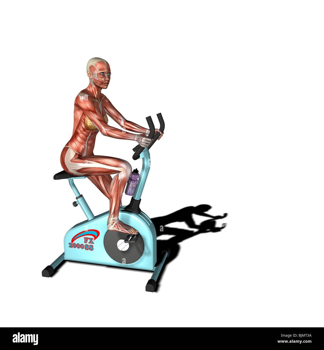 muscle woman on a bicycle trainer Stock Photo