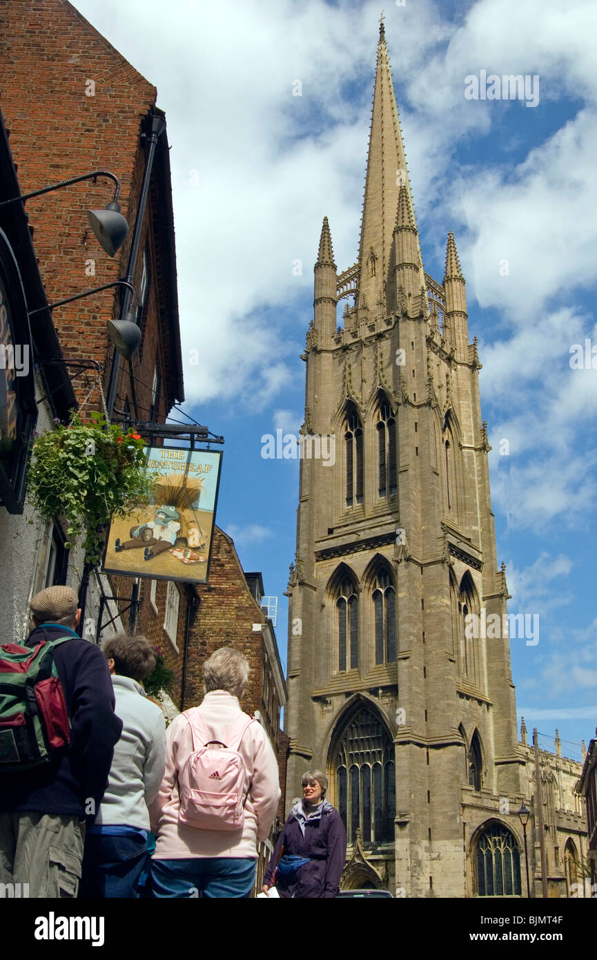 The Wheatsheaf pub Westgate Louth with St James church in the