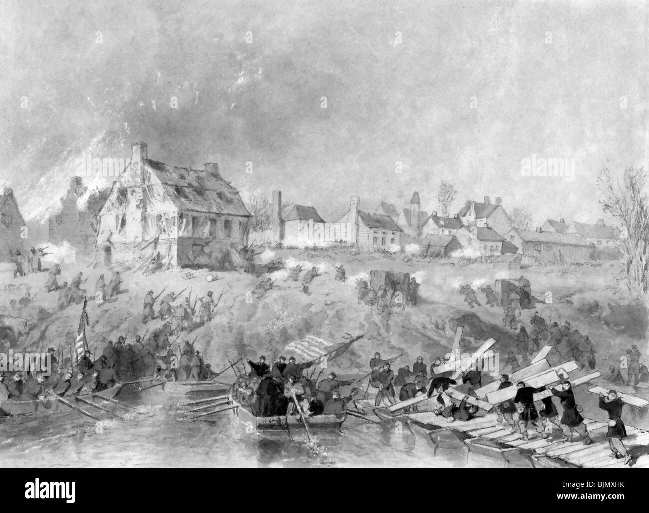 Attack on Fredericksburg Union troops landing on shore of river during USA Civil War, 1862 Stock Photo