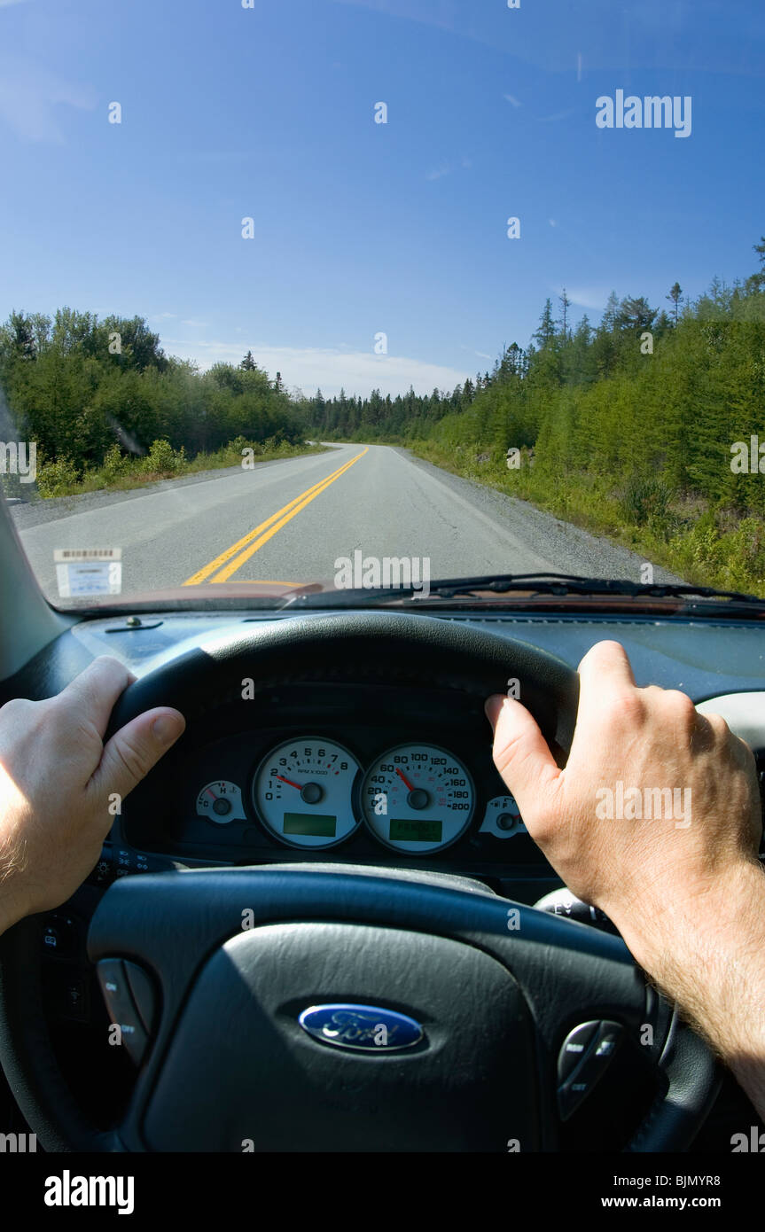 Drivers view while driving on the open road on the left side of the
