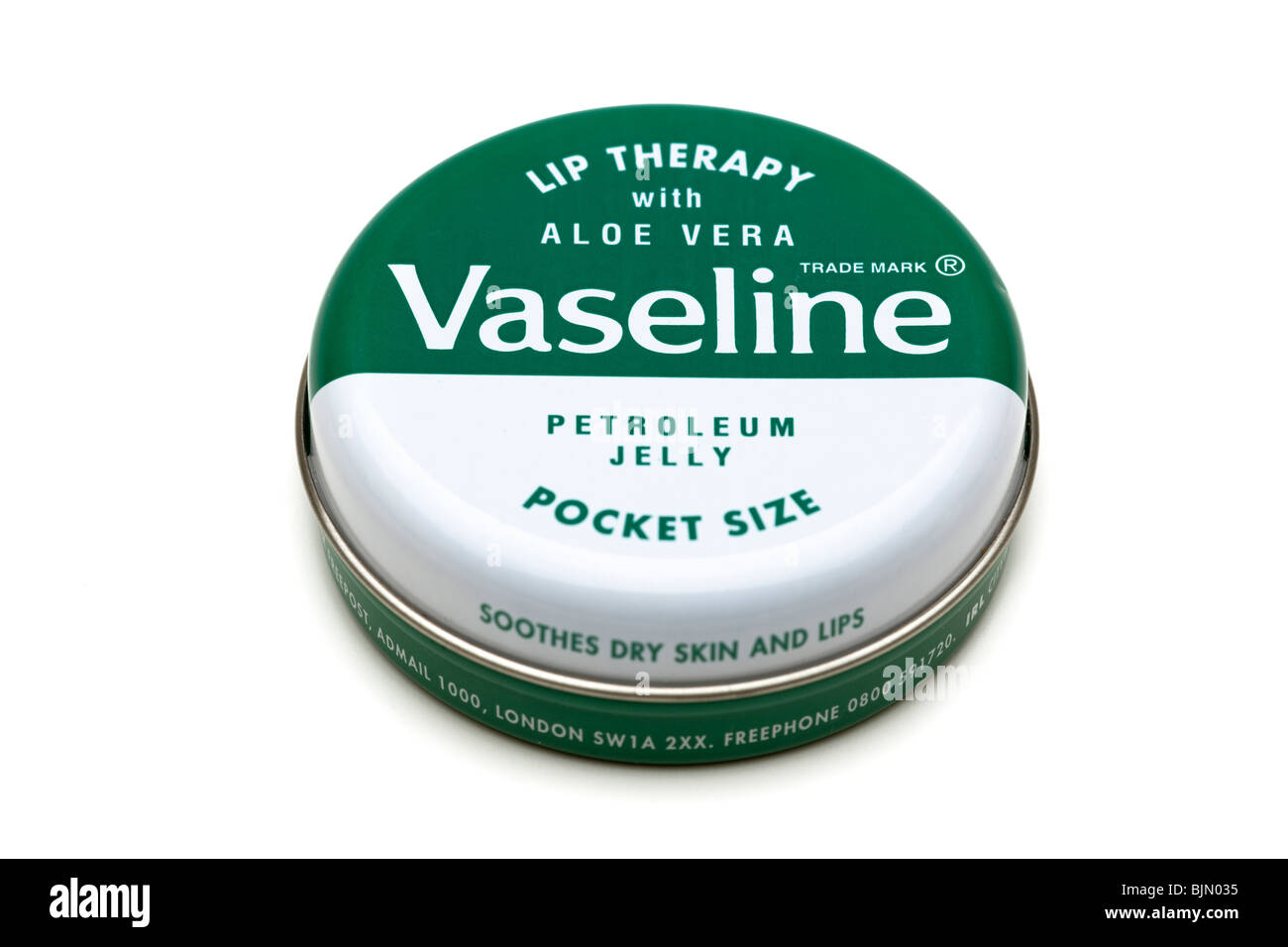 Pocket sized tin of vaseline lip therapy with aloe vera Stock Photo
