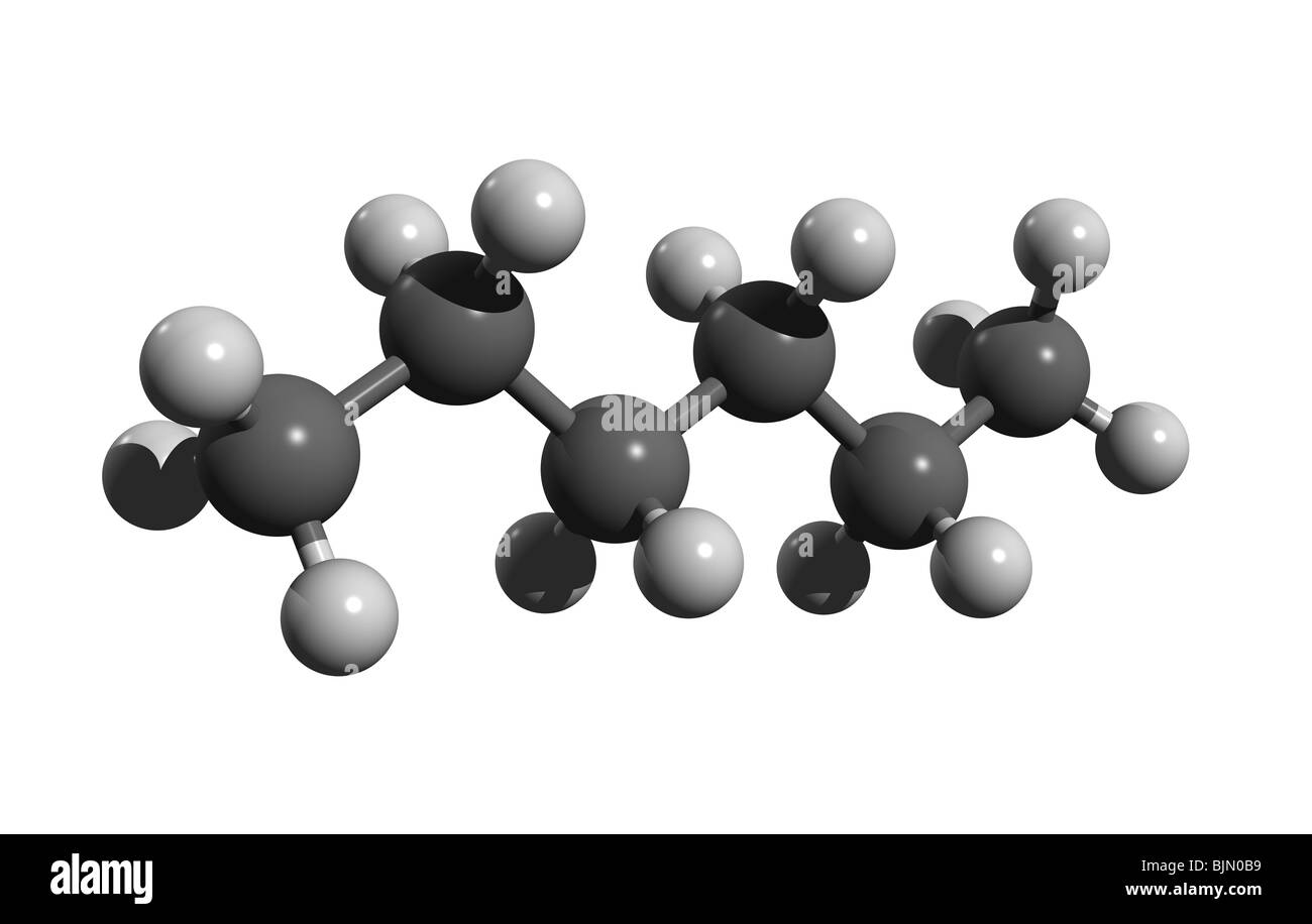 Hexane molecule (colorcode: black=carbon, white=hydrogen) Stock Photo