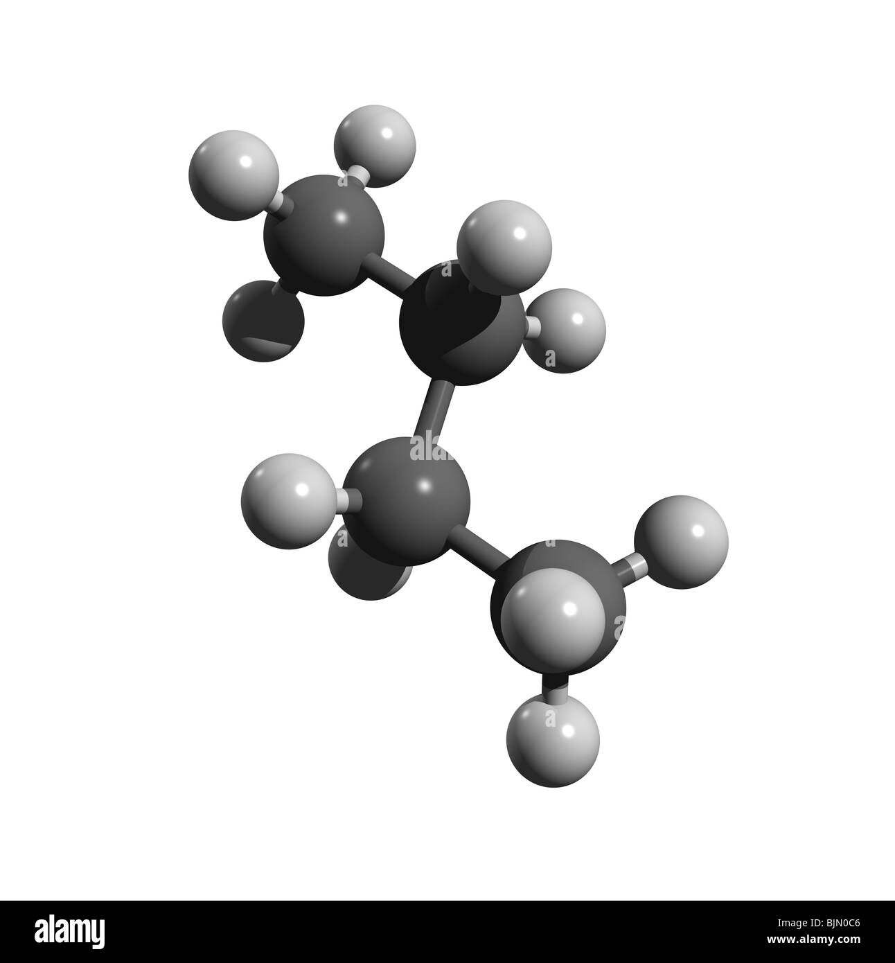 Butane molecule (colorcode: black=carbon, white=hydrogen) Stock Photo