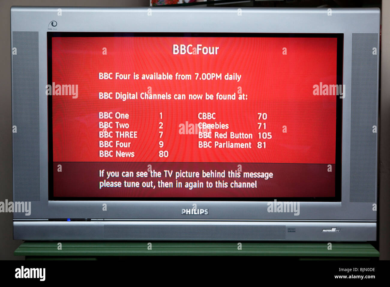 TV screen showing BBC4 page Stock Photo