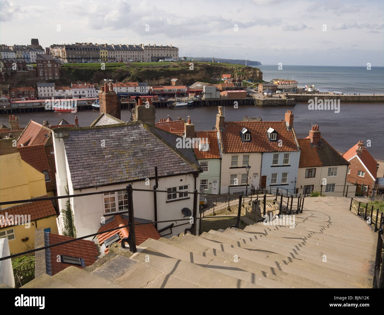 Looking over to east Whitby from the famous 199 steps that lead to the Abbey Stock Photo