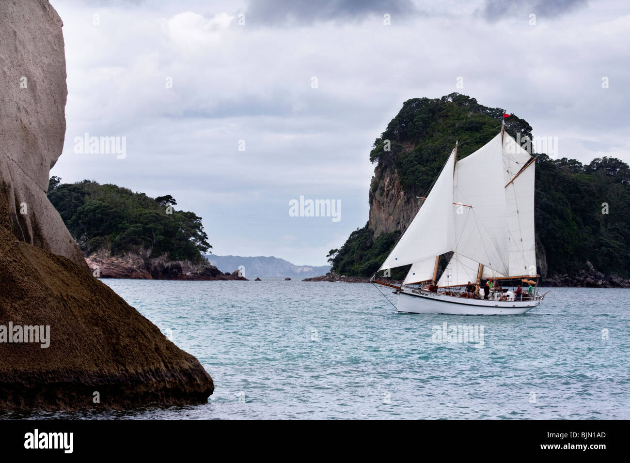 Sailing Boat in blue sea at Cathedral Cove Coromandel Peninsula, North