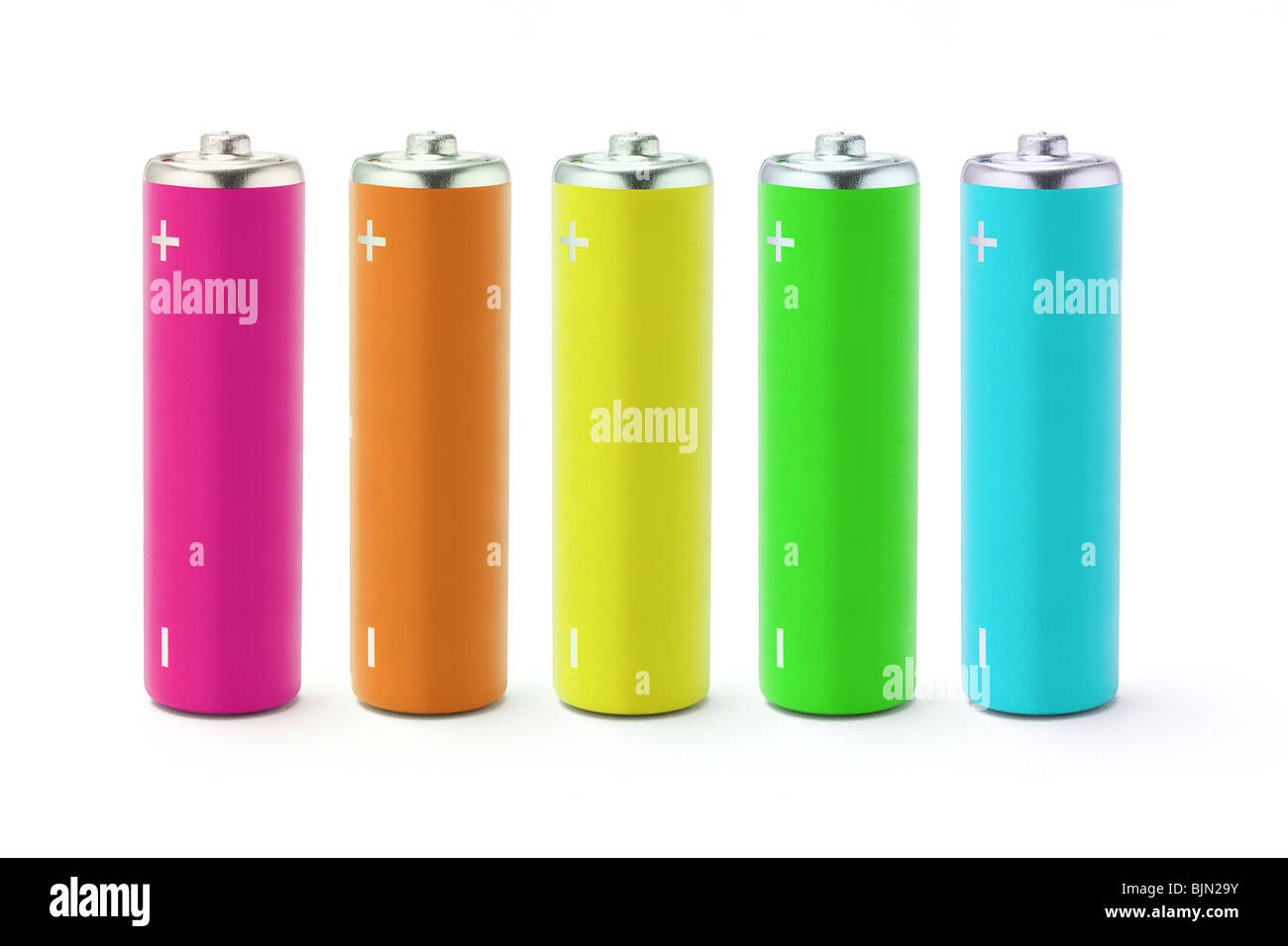 Multicolor AA size batteries on white background Stock Photo