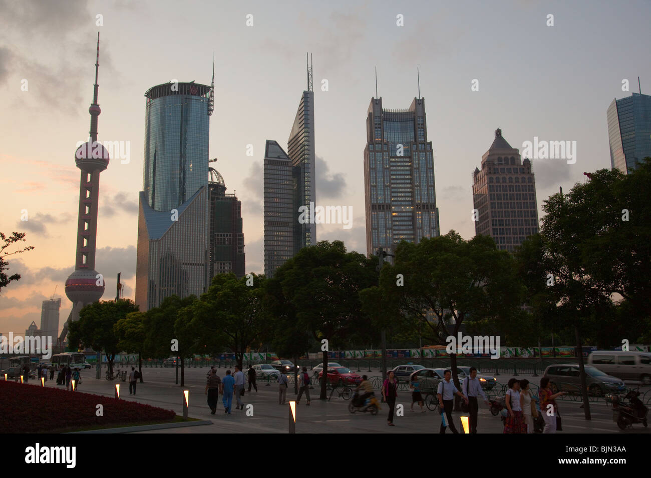 Pudong, Lujiazui financial district with Oriental Pearl TV Tower on left in Shanghai, China, Stock Photo