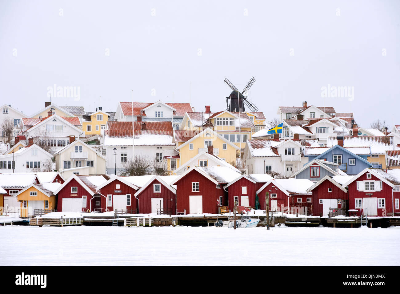 Village of Fiskebackskil during cold winter 2010 on Bohuslan coast in Vastra Gotaland Sweden Stock Photo