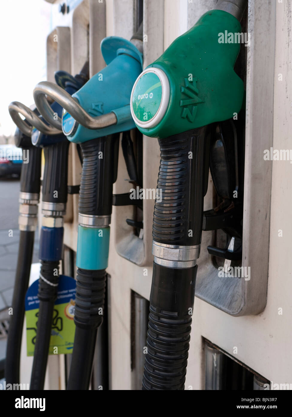 Detail of petrol pumps at BP filing station in the Netherlands Stock Photo