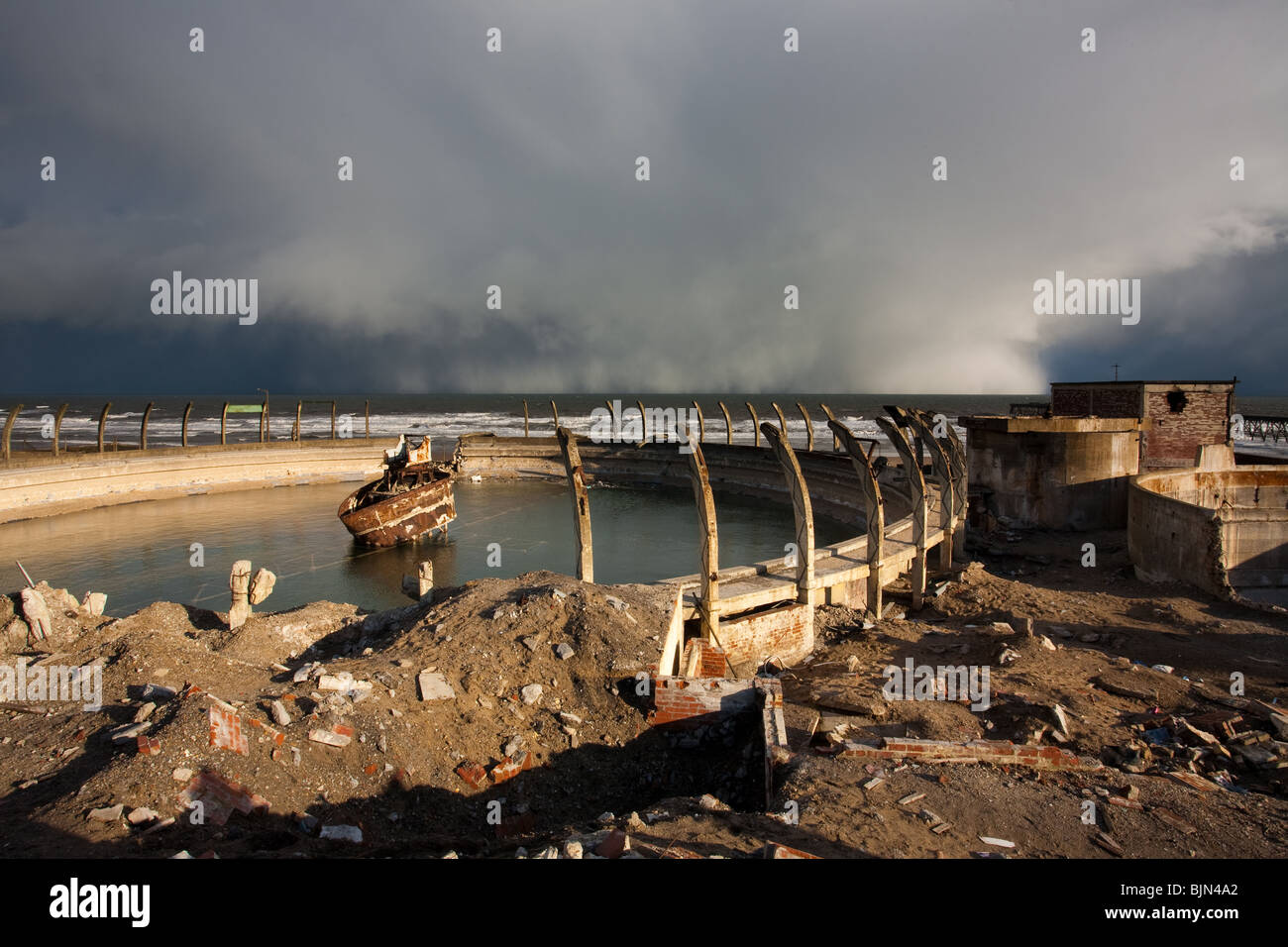 Approaching Storm at the Derelict Steetley Magnasite Works, Hartlepool, Cleveland, England Stock Photo