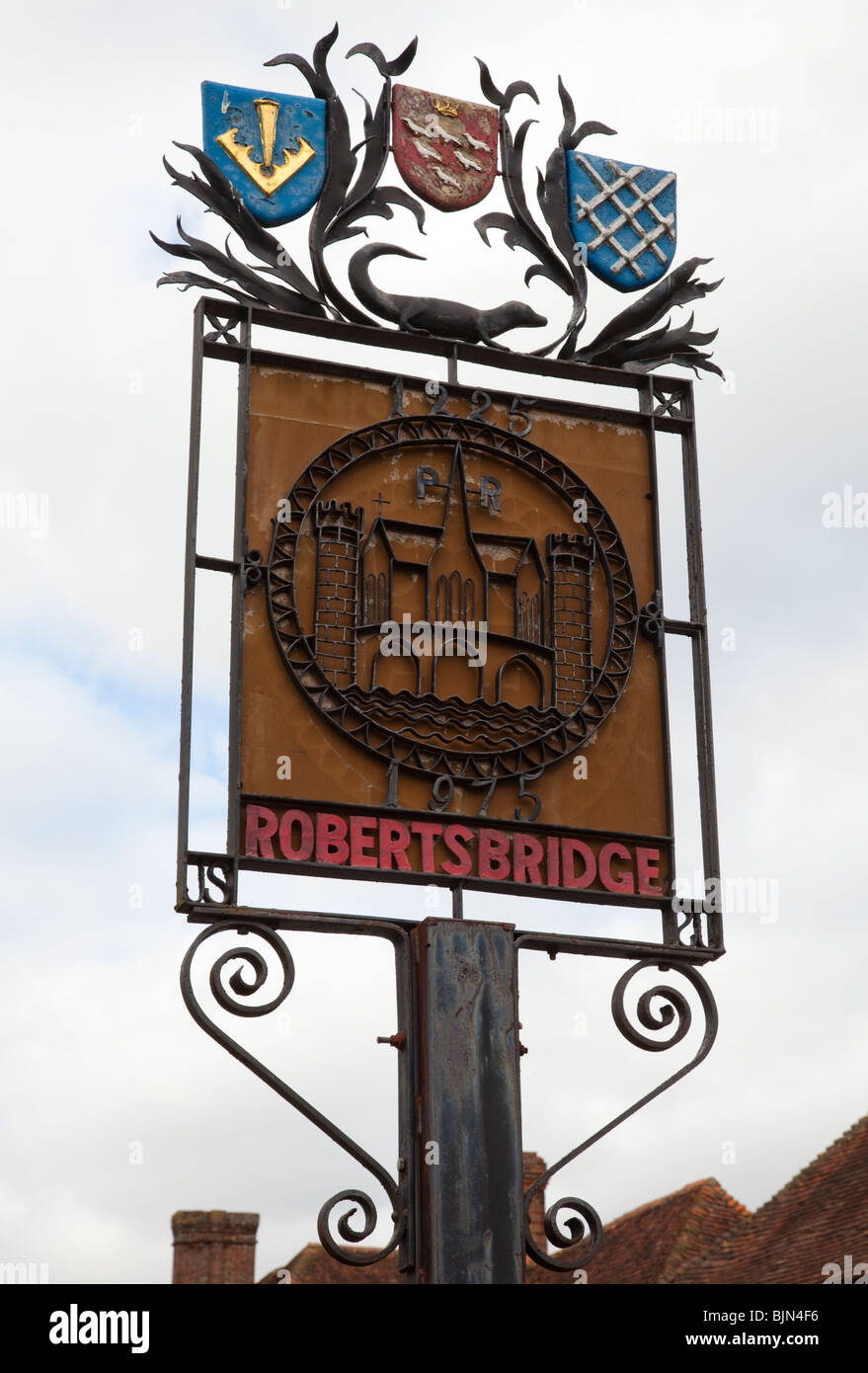 Village sign, Robertsbridge, East Sussex, UK Stock Photo