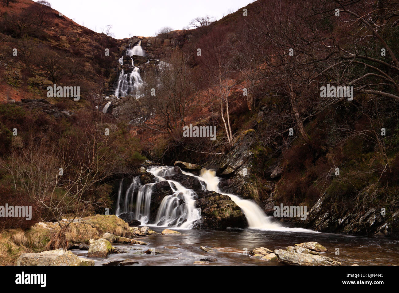 The water fall of Pistyll Rhyd-y-meinciau (aka Rhiwargor Falls) on the river Eiddew near Lake Vyrnwy in North Wales Stock Photo