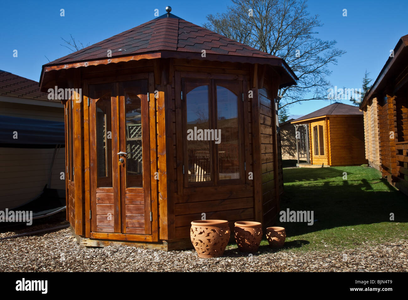 Garden Shed, Outbuilding, chalet, garden, house, architecture, summer, home, wood, nature, building, cottage, Summerhouse or Countryside Cabin, UK Stock Photo
