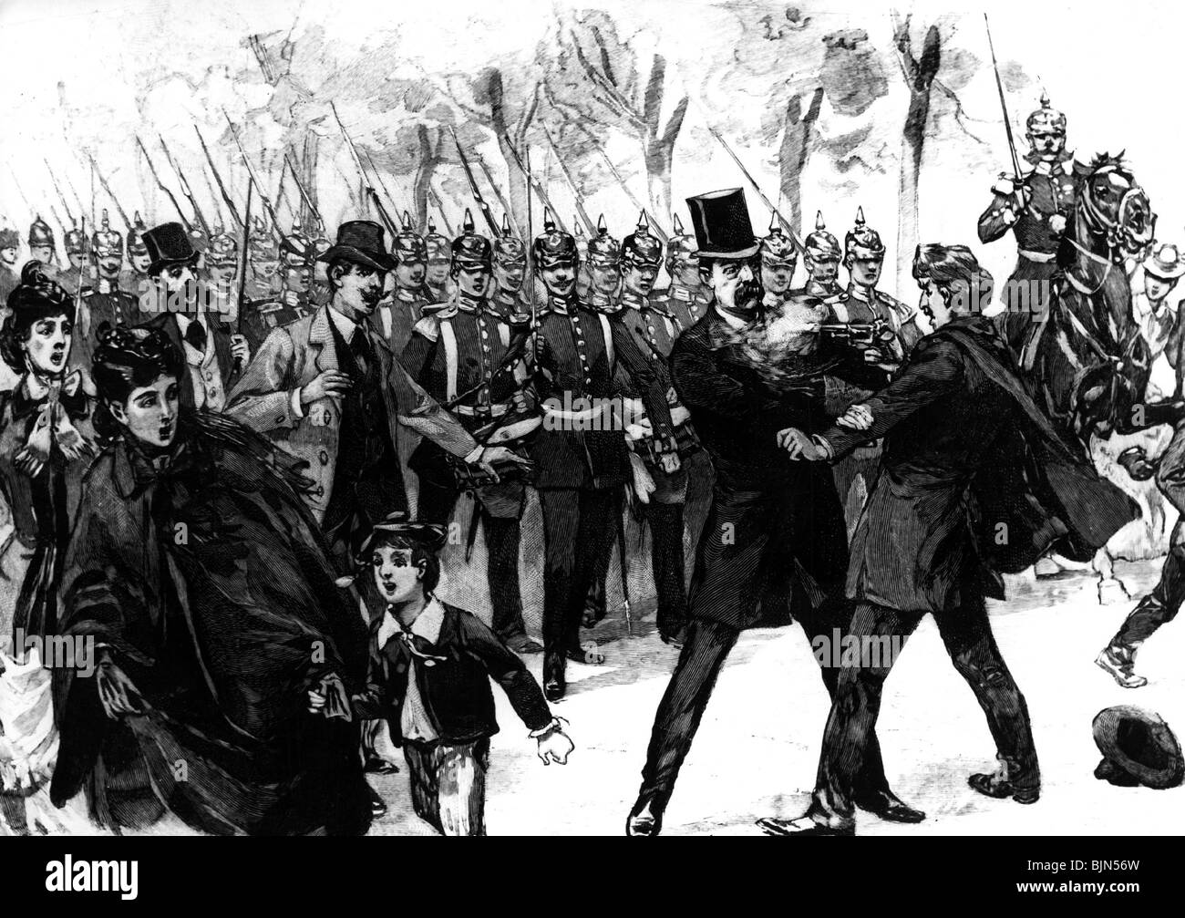Bismarck, Otto von, 1.4.1815 - 30.7.1898, German politician, Prussian minister of the interior, assassination attempt by Ferdinand Blind, 7.5.1866, Berlin, Unter den Linden, Stock Photo