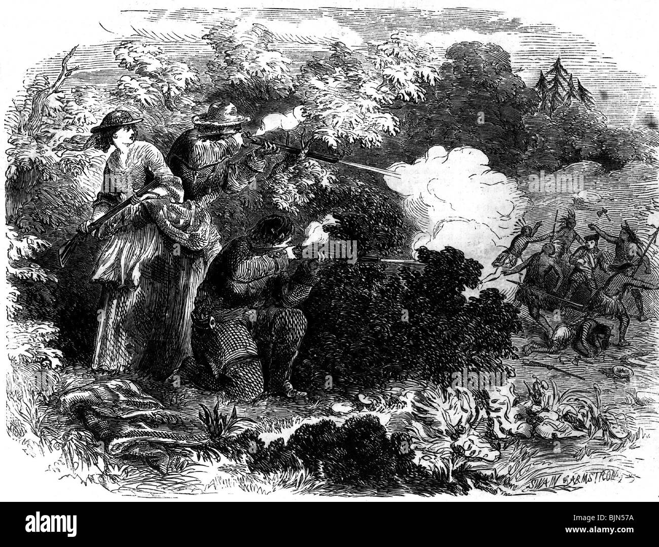 geography / travel, United States of America, American Indians, settler fighting with Indians, wood engraving after genre drawing by C.E. Doeppler, 1869, Stock Photo