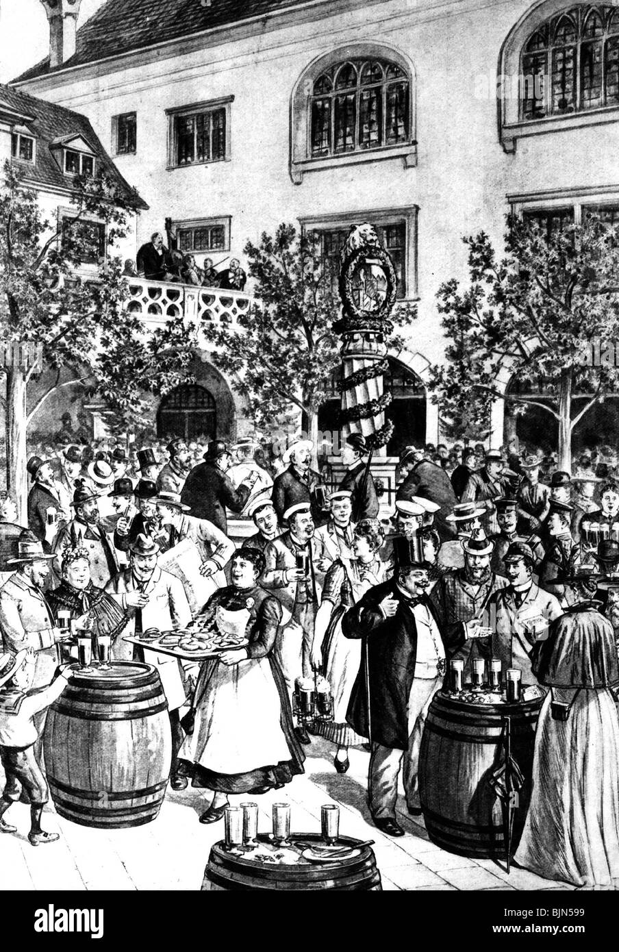 gastronomy, beer garden, court of the Hofbraeuhaus, Munich, drawing by G. Heine, 1898, Stock Photo