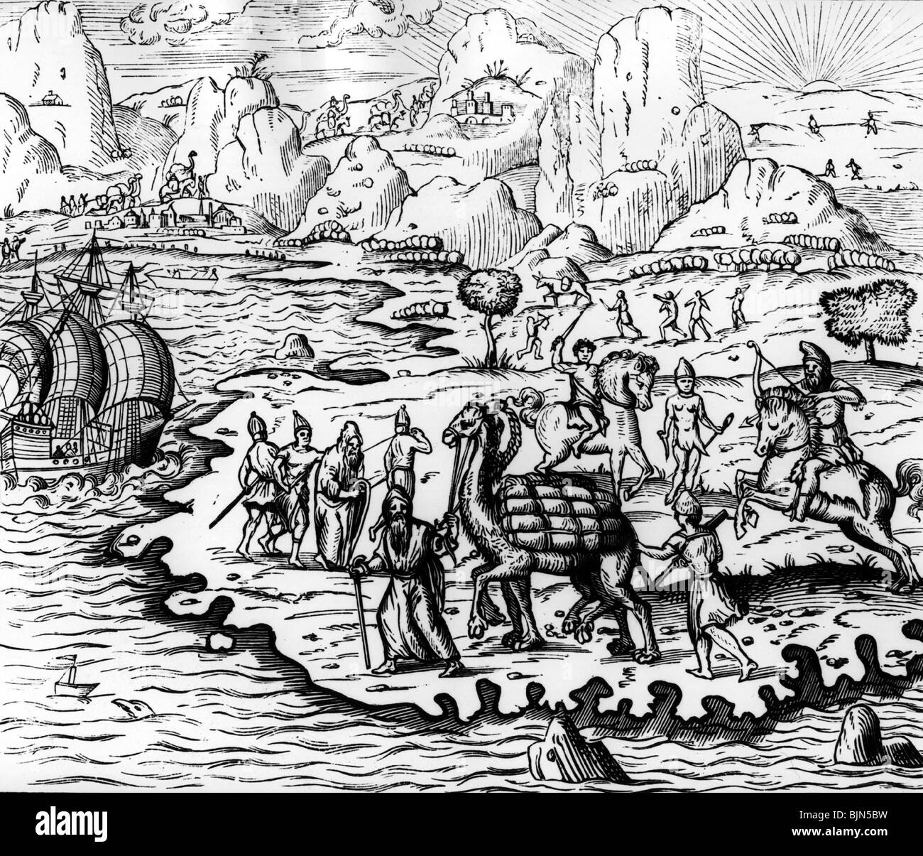 trade, camels carrying goods, Hormuz, Persia, woodcut from 'Cosmographie Universelle', by Andre Thevet, Paris, 1575, Stock Photo