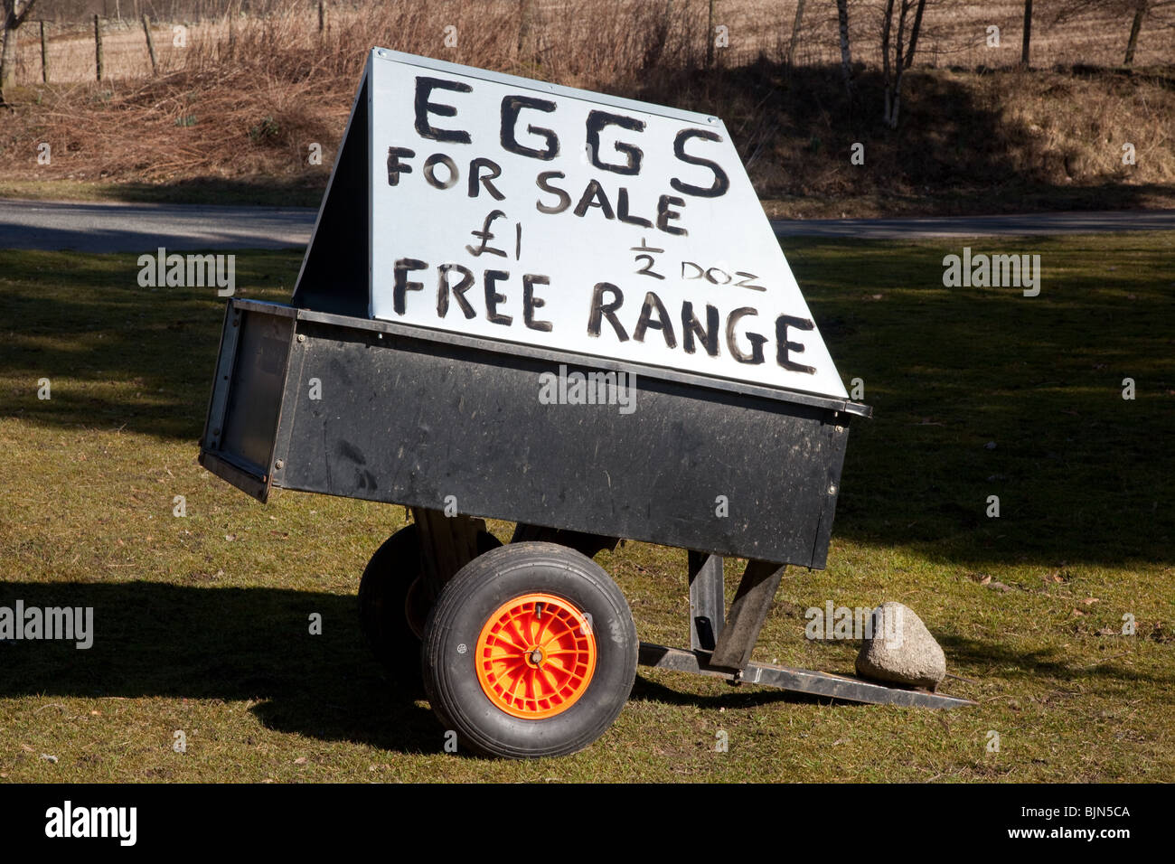 Eggs for Sale Sign, A shape design on Sale Trailer Roadside Aberdeenshire, Scotland, UK Stock