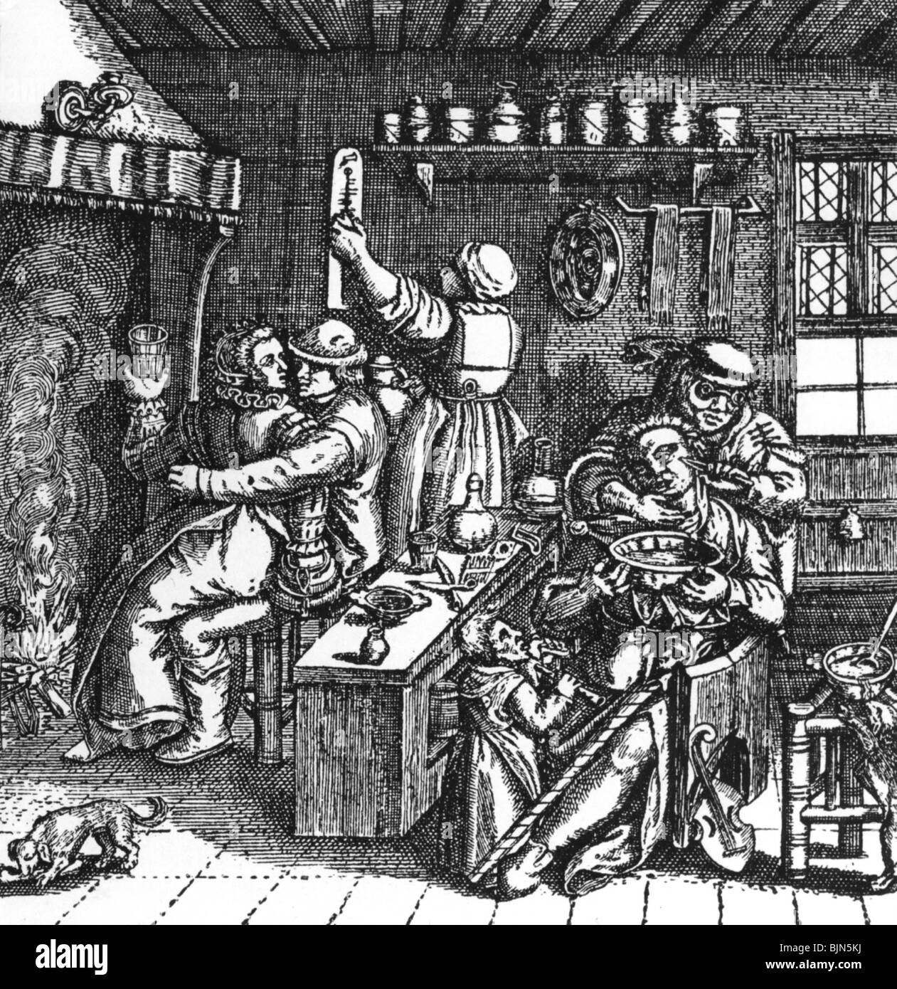 people, professions, barber, interior of a barber's shop, copper engraving by Th. de Bry, circa 1600, Stock Photo