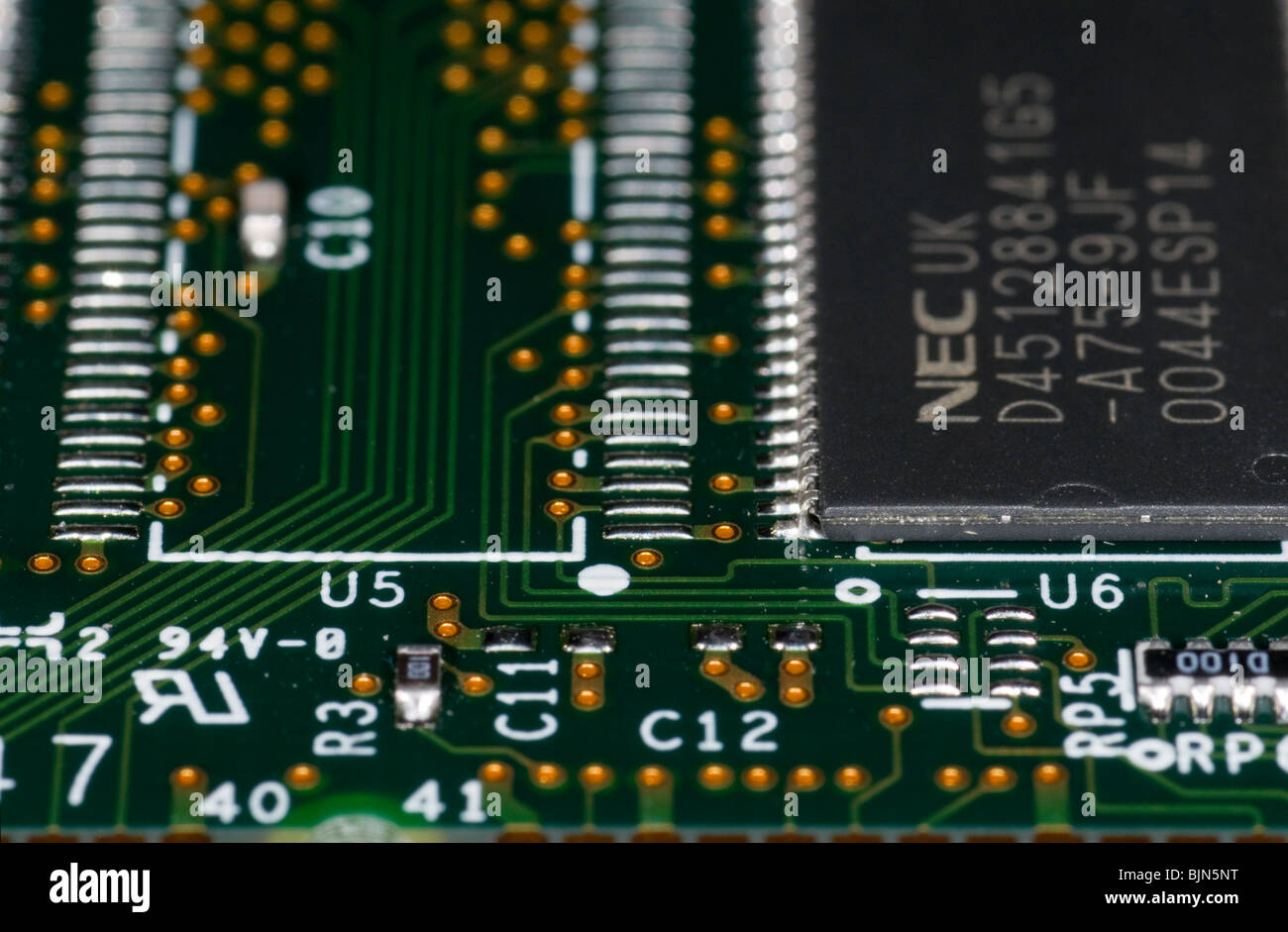 close up photograph of computer RAM memory chips Stock Photo
